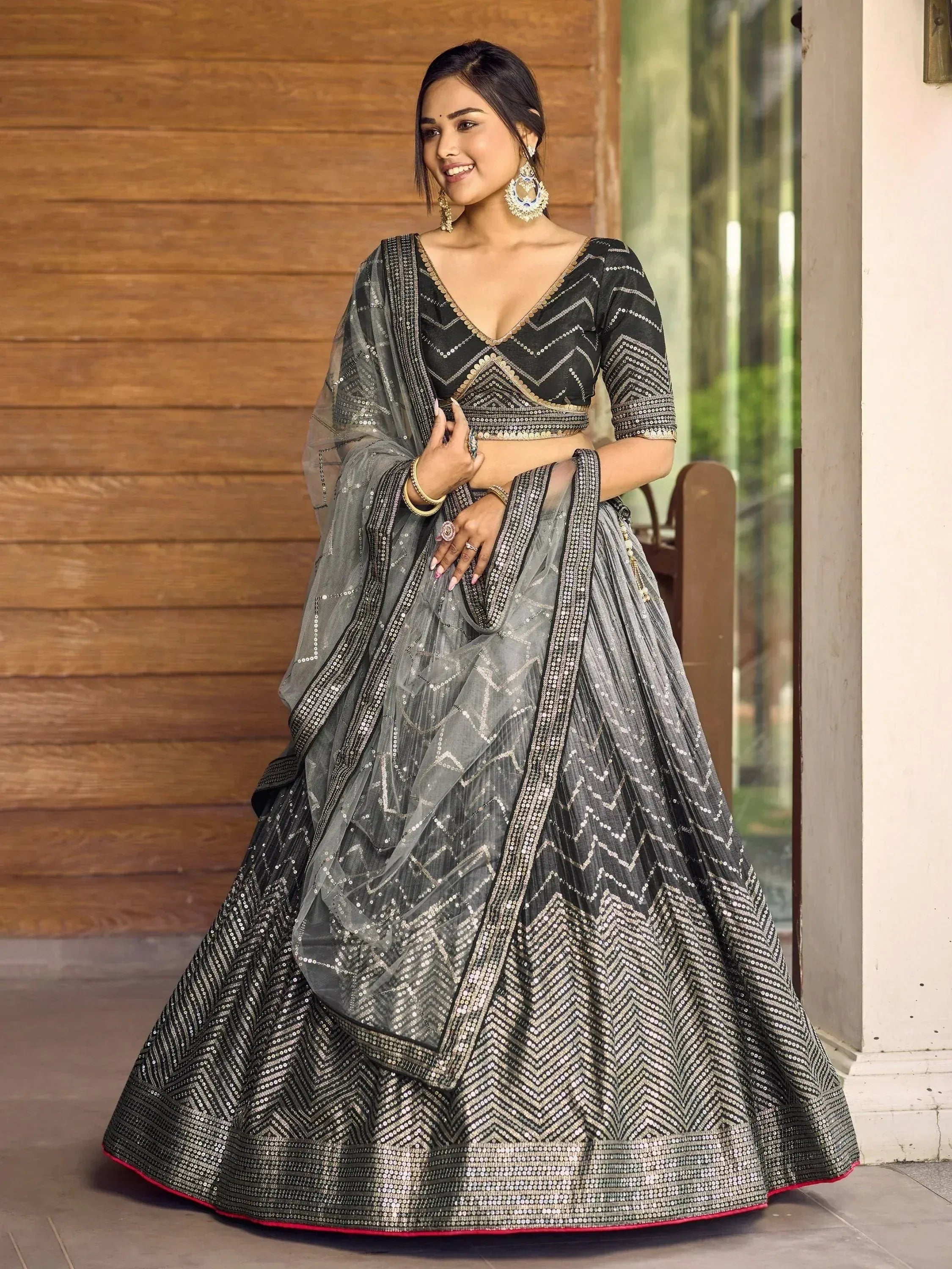 Tulsi Art Fabulous Black Sequins Chinon Reception Wear Lehenga Choli - Dista