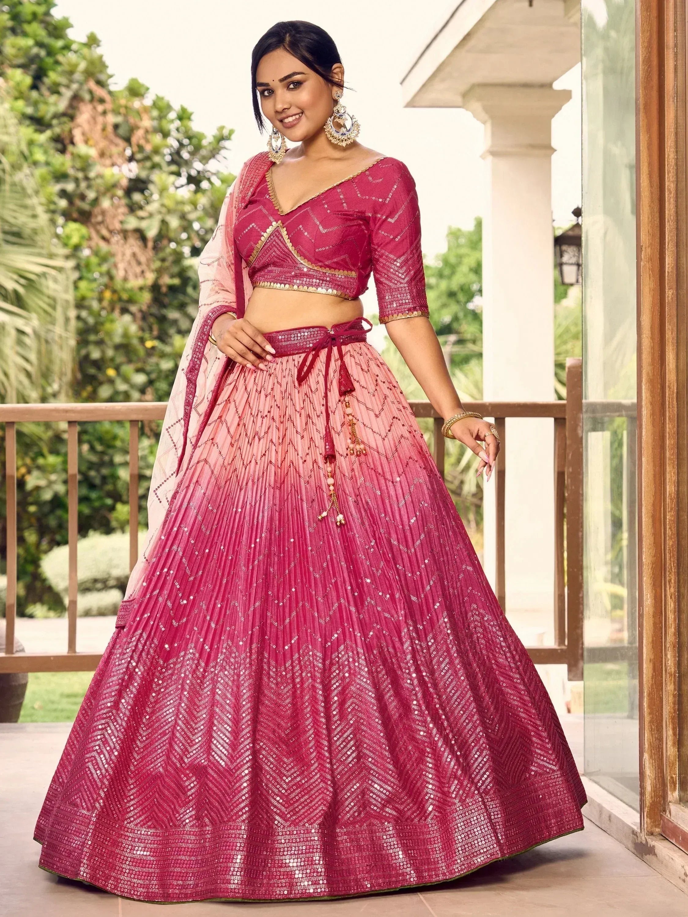 Tulsi Art Marvelous Pink Sequins Chinon Wedding Lehenga Choli With Dupatta - Dista