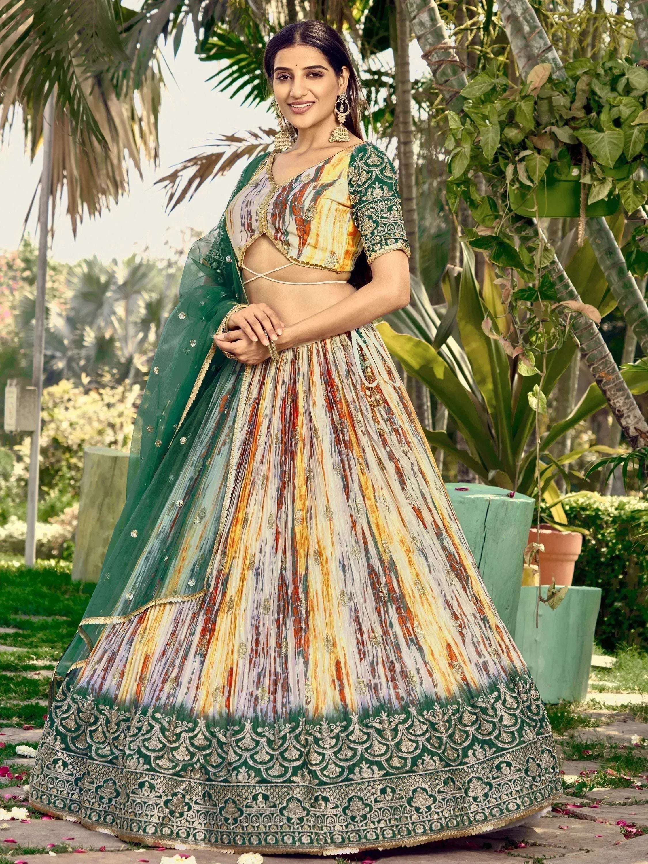 Tulsi Art Great White & Green Shibori Printed Chinon Lehenga Choli With Dupatta - Dista