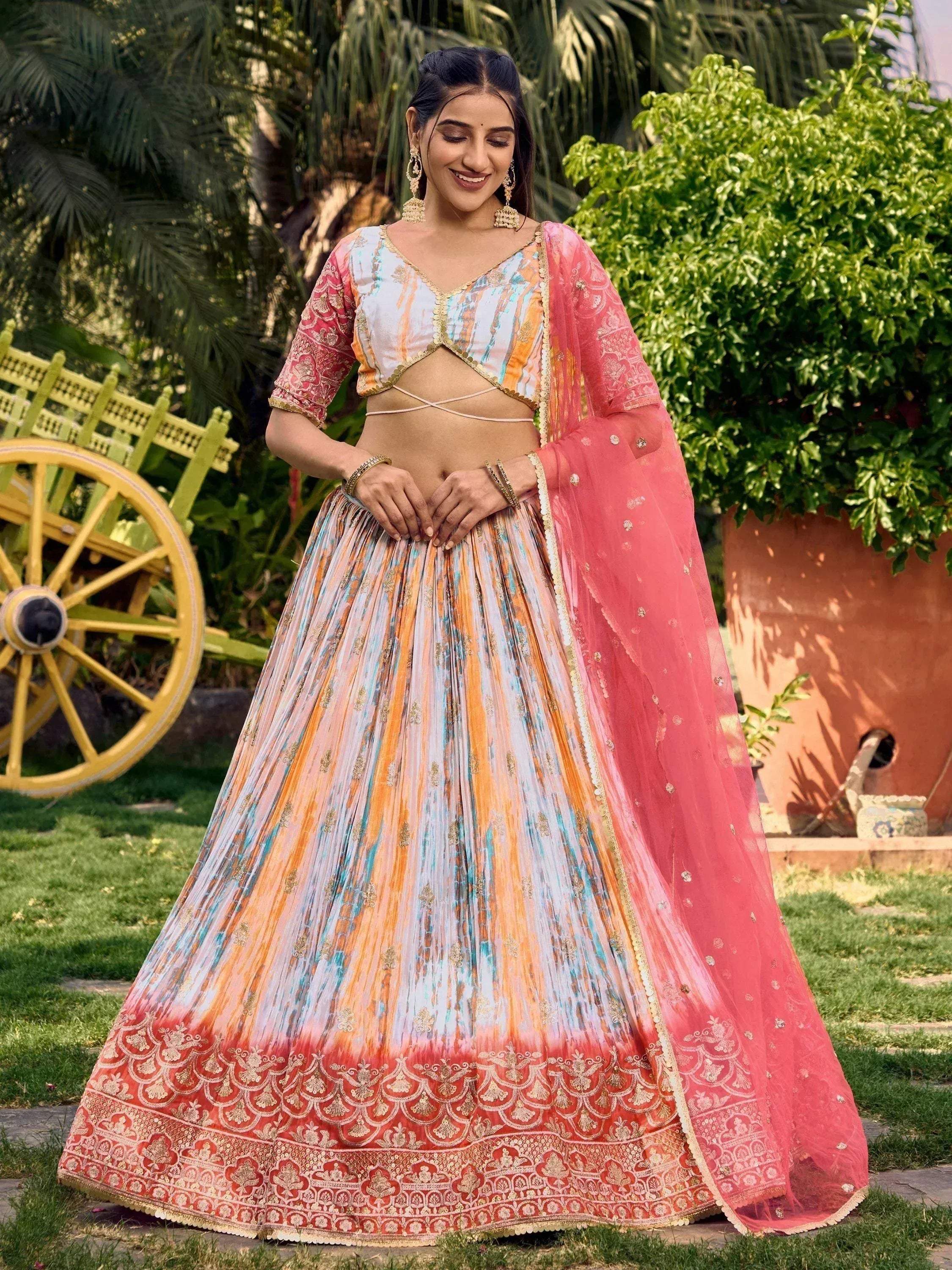Tulsi Art Fantastic White & Pink Shibori Printed Chinon Traditional Lehenga Choli - Dista