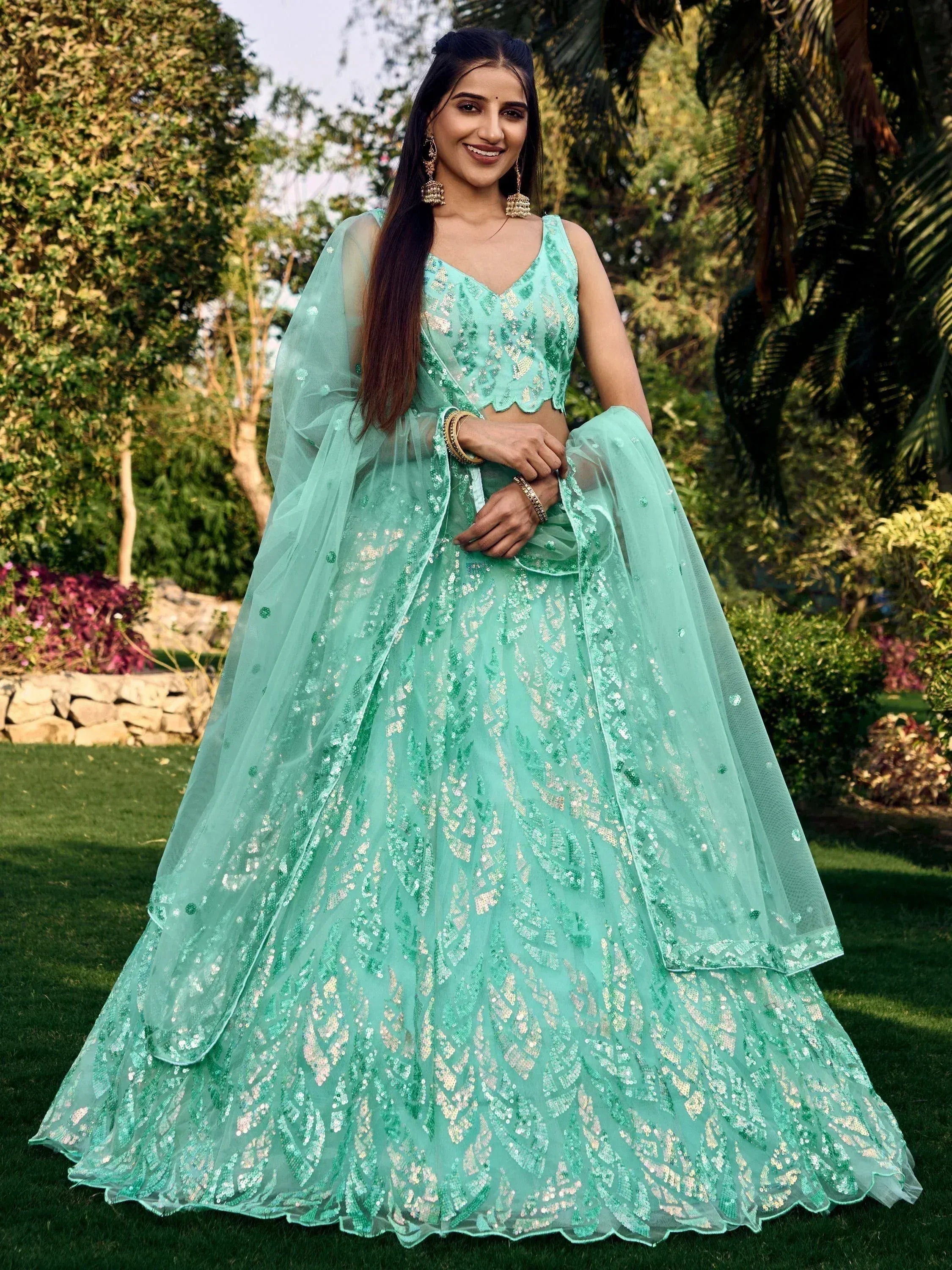 Tulsi Art Fabulous Turquoise Sequins Net Engagement Wear Lehenga Choli - Dista
