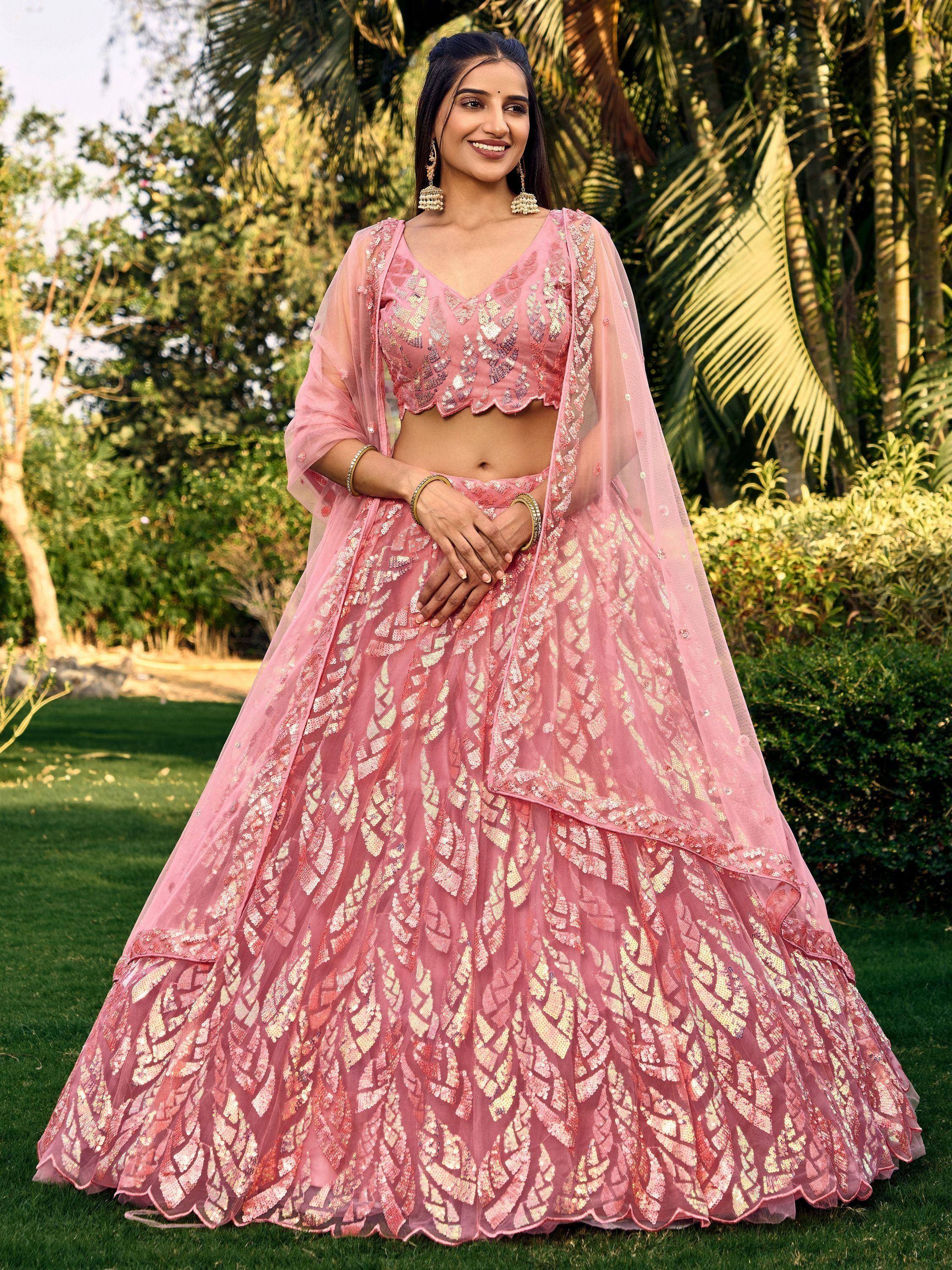Tulsi Art Beautiful Pink Sequins Net Bridesmaid Lehenga Choli With Dupatta - Dista