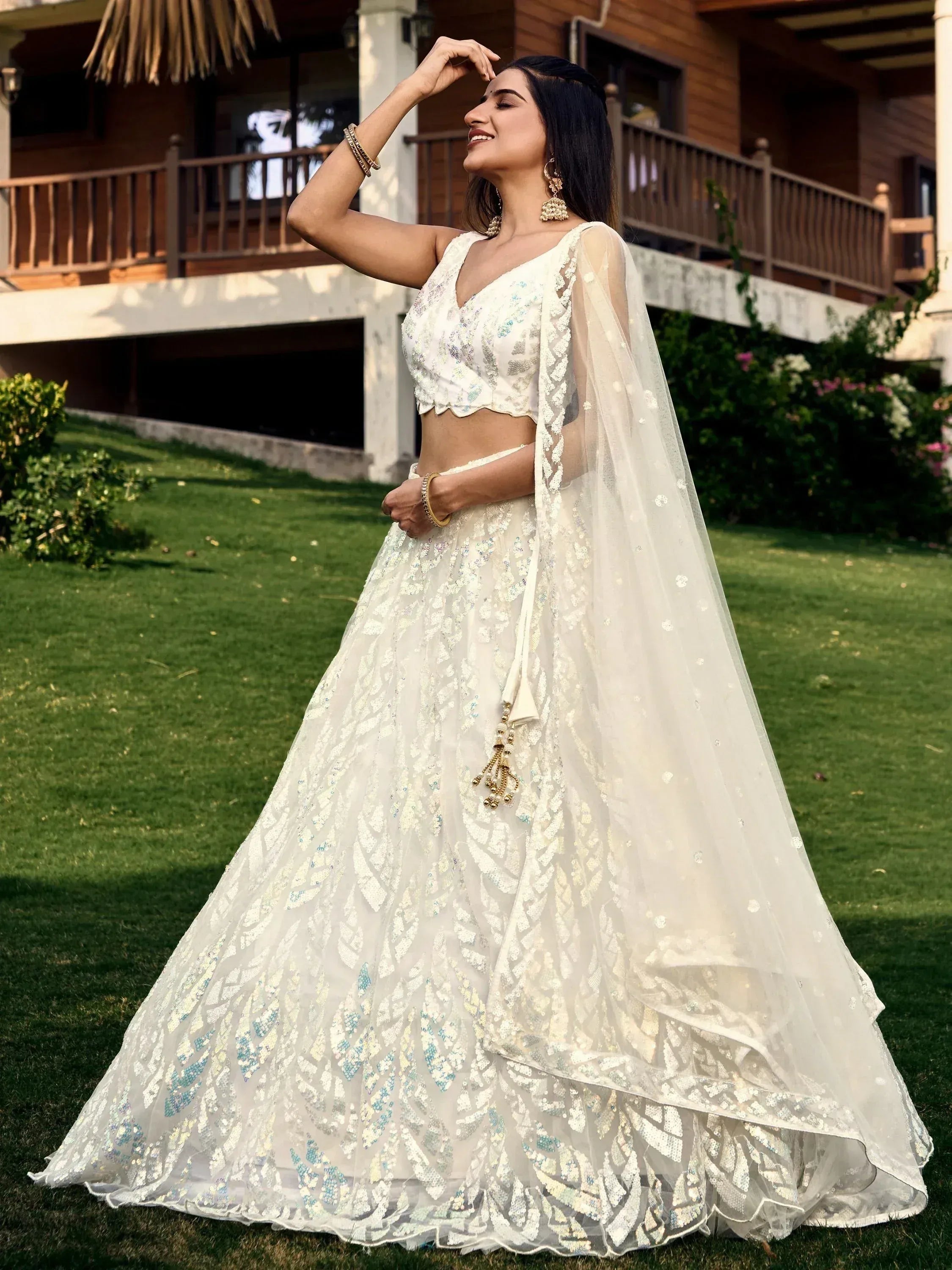 Tulsi Art Astonishing Off-White Sequins Net Lehenga Choli With Dupatta - Dista