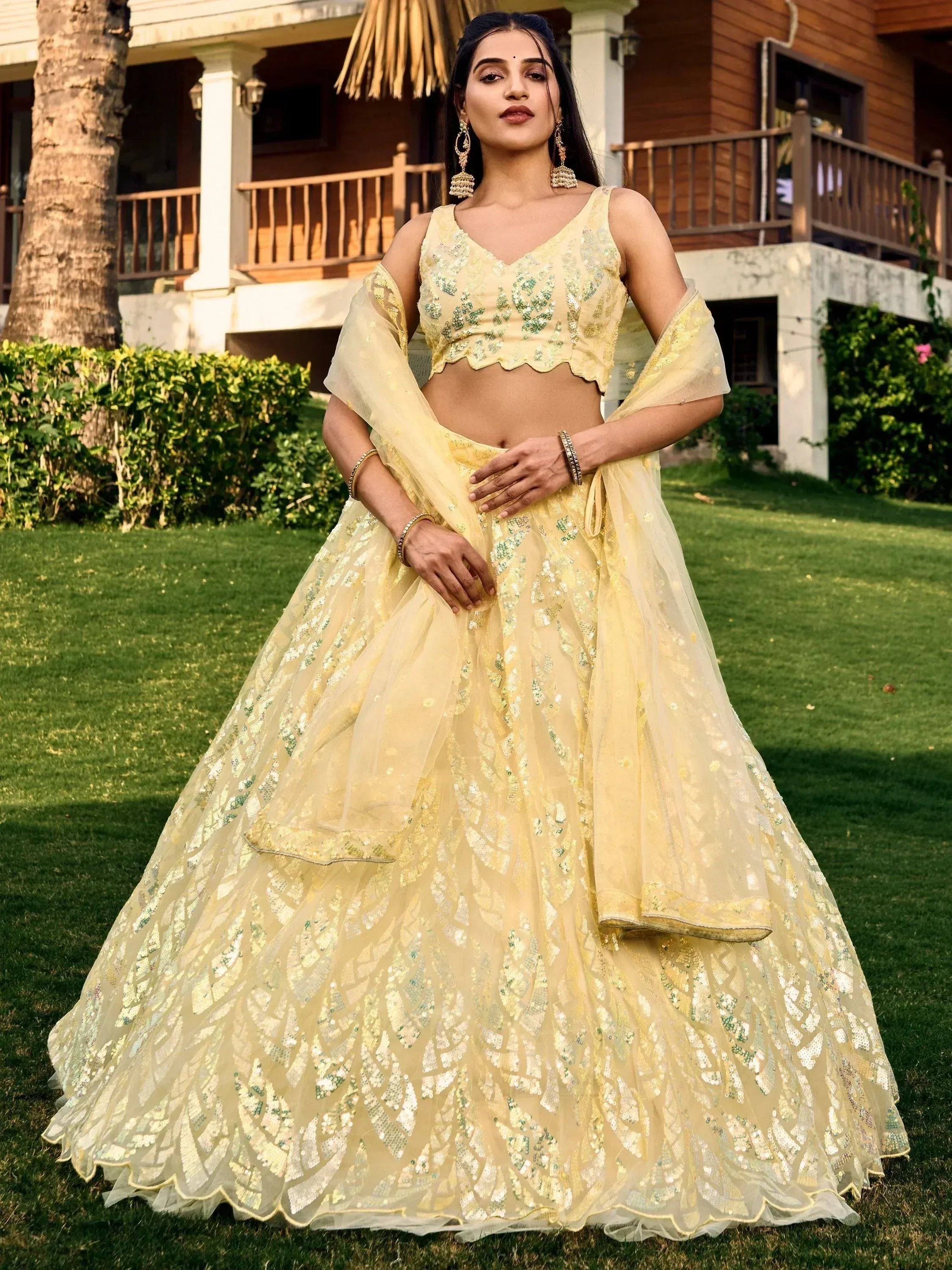Tulsi Art Attractive Yellow Sequins Net Function Wear Lehenga Choli With Dupatta - Dista