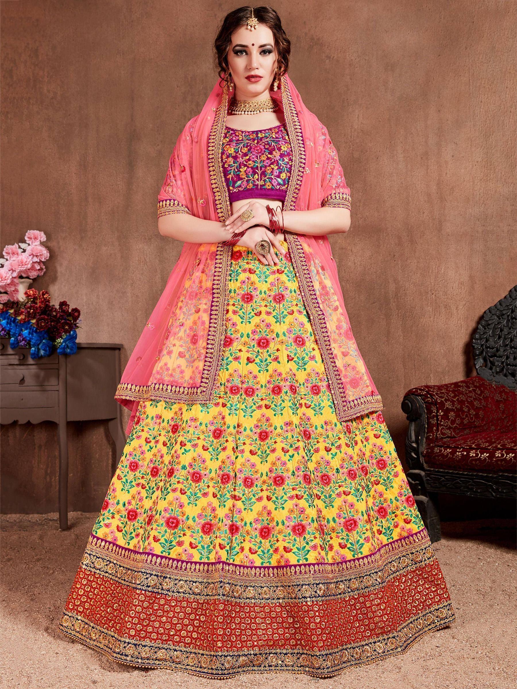 Tulsi Art Yellow Embroidered Silk Bridal Lehenga Choli With Dupatta