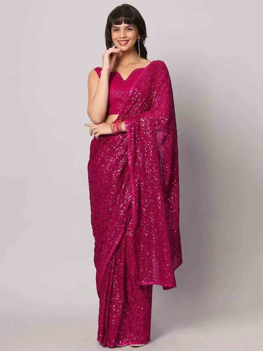 Tulsi Art Gorgeous Pink Sequins Georgette Reception Wear Saree With Blouse - Dista
