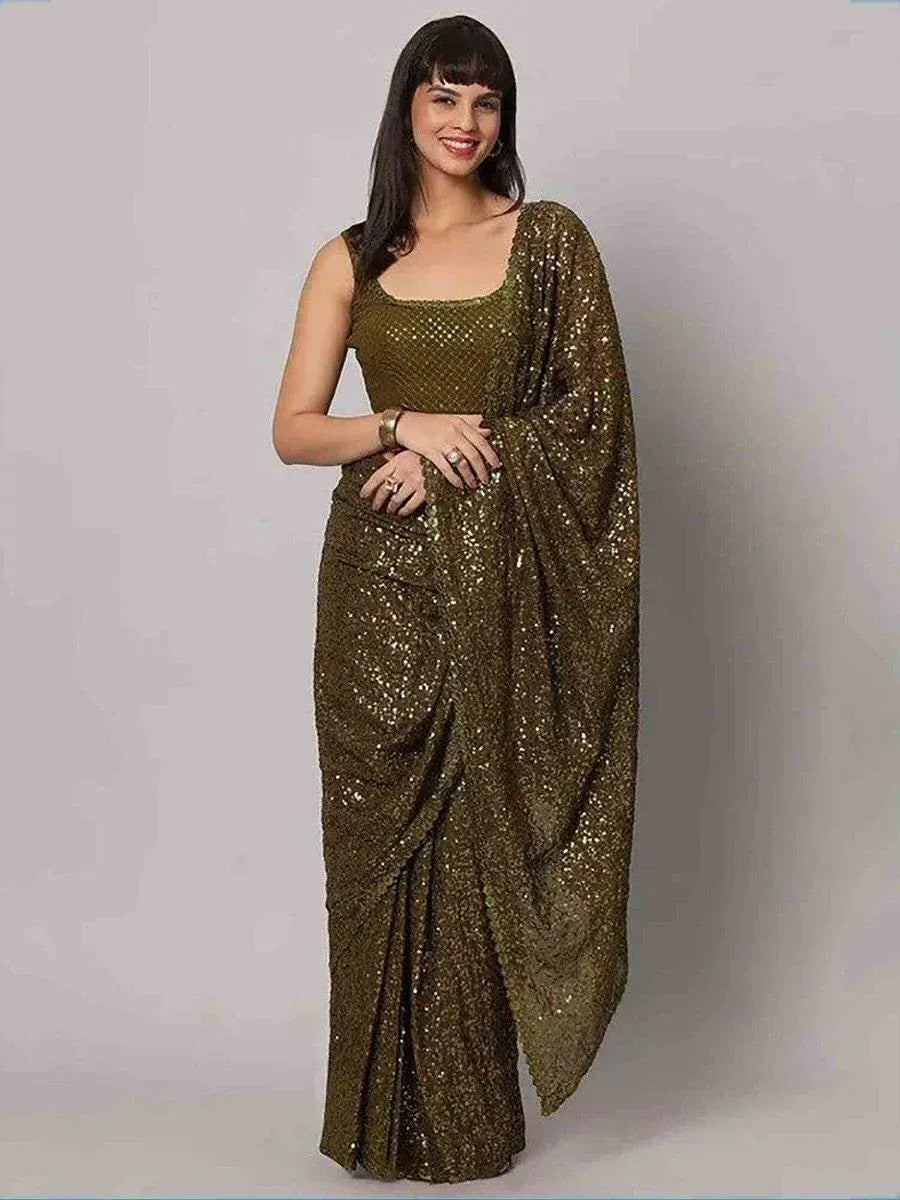 Tulsi Art Fascinating Olive Green Sequins Georgette Party Wear Saree With Blouse - Dista