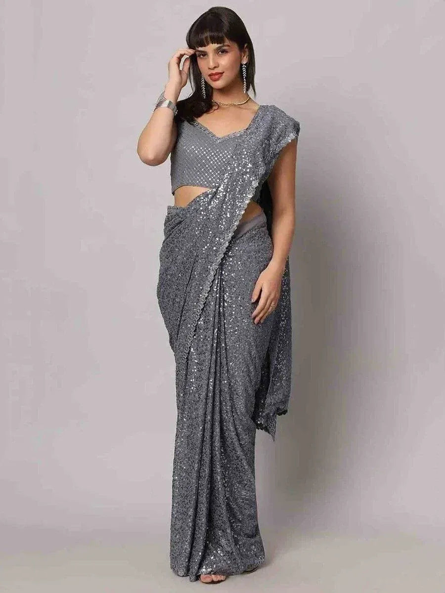 Tulsi Art Attractive Grey Sequins Georgette Cocktail Party Wear Saree With Blouse - Dista