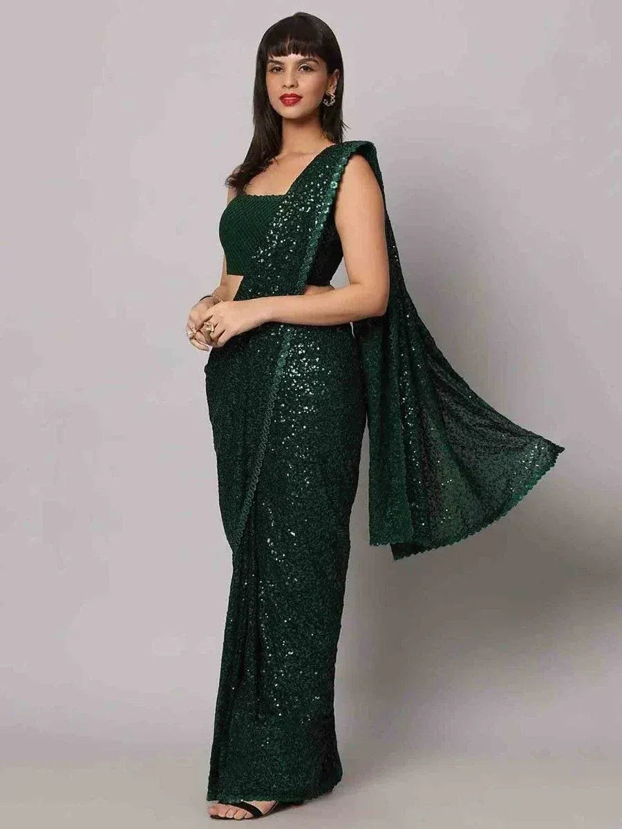 Tulsi Art Glamorous Green Sequins Georgette Designer Saree With Blouse - Dista