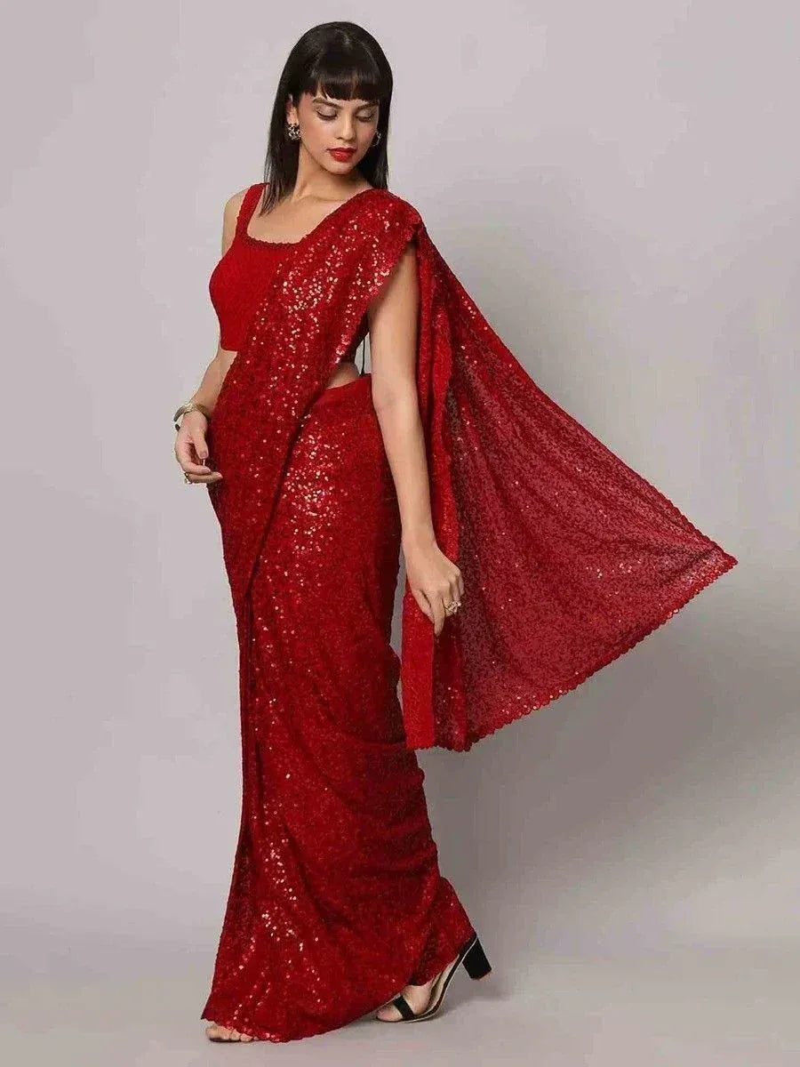 Tulsi Art Tantalizing Red Sequins Georgette Cocktail Party Wear Saree With Blouse - Dista