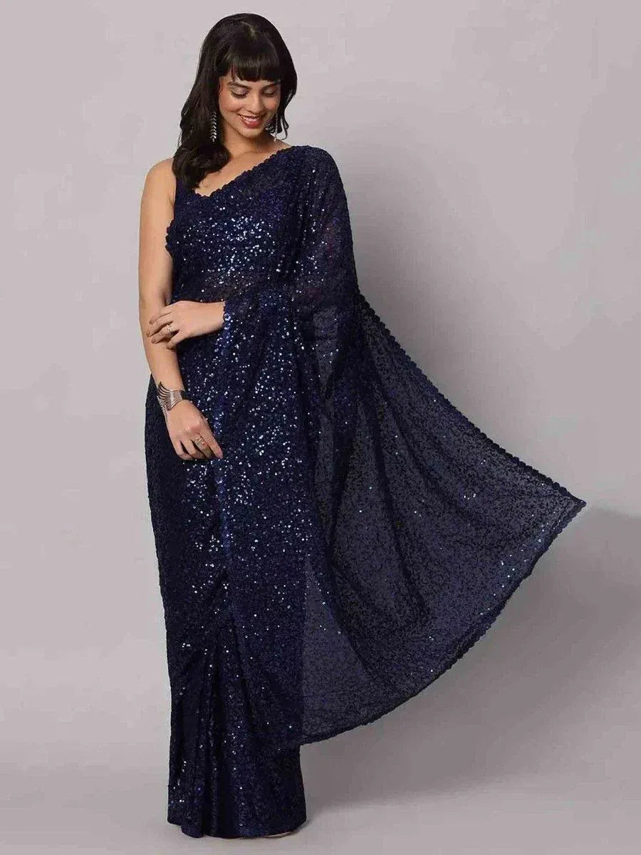Tulsi Art Stunning Navy Blue Sequins Georgette Designer Saree With Blouse - Dista