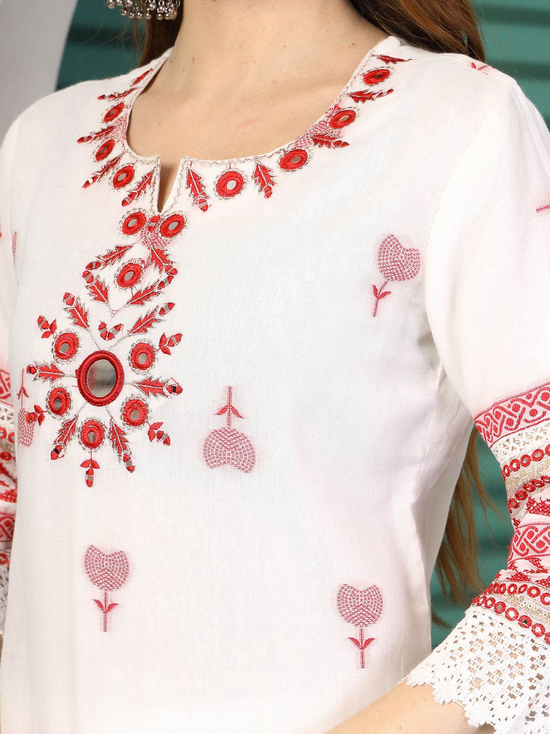 Sangria White Ethnic Motifs Embroidered Notch Neck Cotton Kurta With Trouser & Dupatta - Distacart