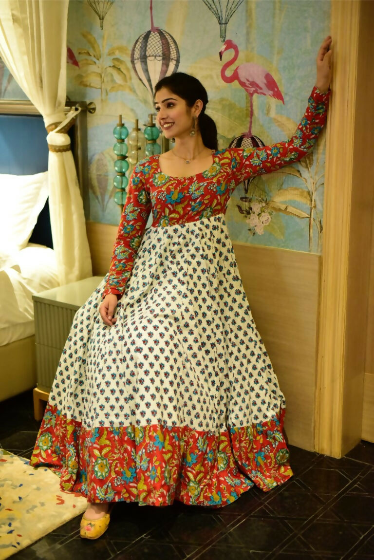 Jyoti Fashion Women's Off White Heavy Digital Printed Cotton Silk Anarkali Dress - Distacart