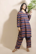 Thumbnail for Breathables Women'S Blue Cotton Abstract Print Loungewear Co-Ord Set – Long Kurta & Pants - Dista