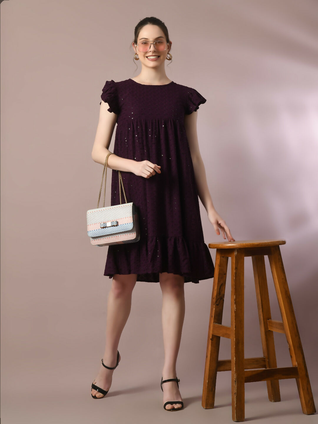 Myshka Women's Violet Embroidered Cotton Round Neck A-Line Party Dress - Distacart