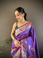 Thumbnail for Joban Fashion Purple Zari Woven Floral Motifs Soft Silk Paithani Silk Saree - Distacart