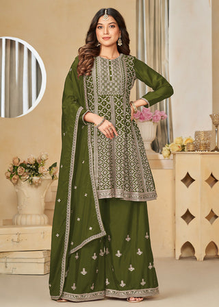 Chinnon Olive Green Embroidered Palazzo Salwar Suit - Emponline - Distacart