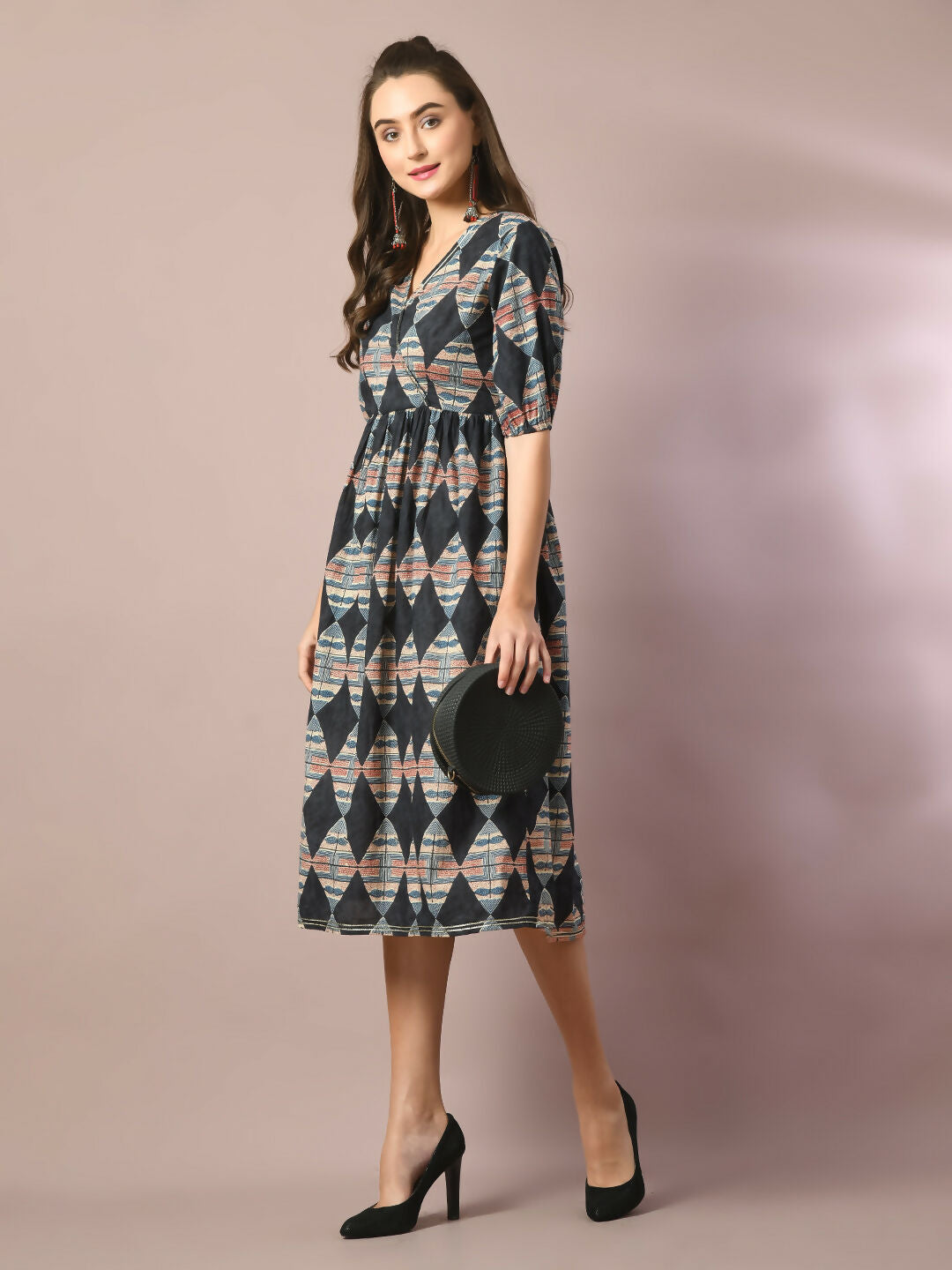 Myshka Women's Multi Printed Cotton V-Neck Empire Party Dress - Distacart