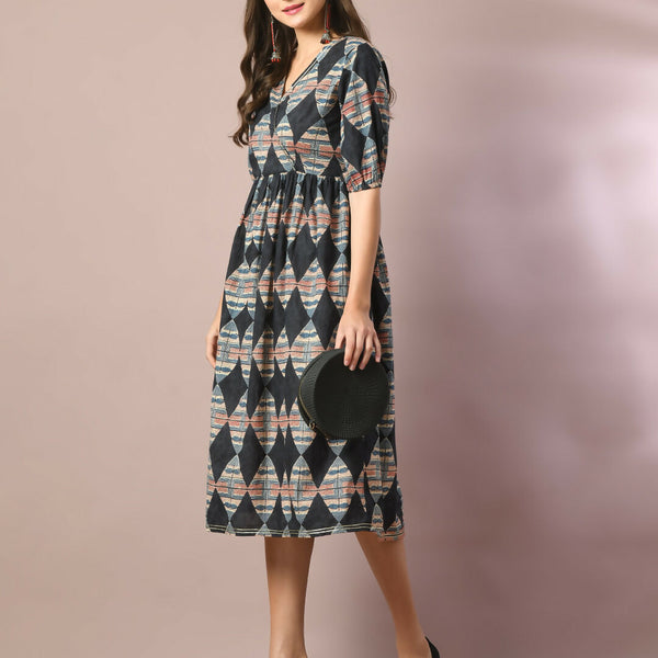 Myshka Women's Multi Printed Cotton V-Neck Empire Party Dress - Distacart