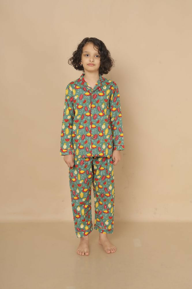 Breathables Kids Cotton Watermelon & Pineapple Print Night Suit – Green Full Sleeves Shirt & Pant Co-Ord Set | Nightwear - Dista