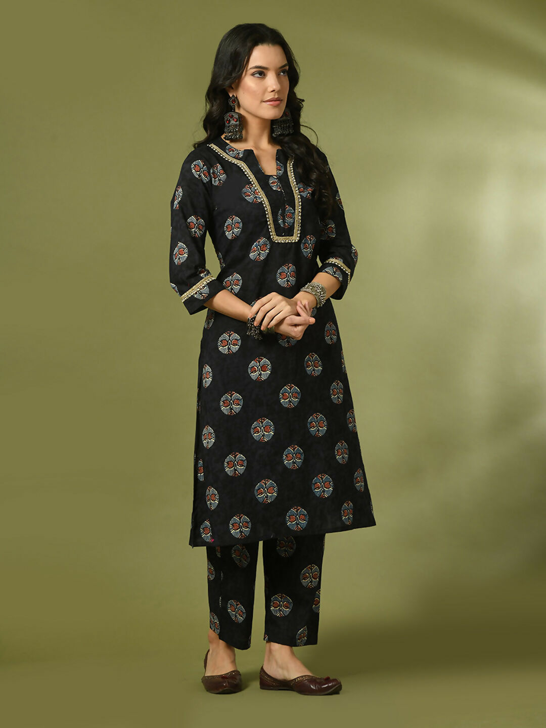Myshka Women's Black Printed Cotton Straight Party Kurta Set - Distacart