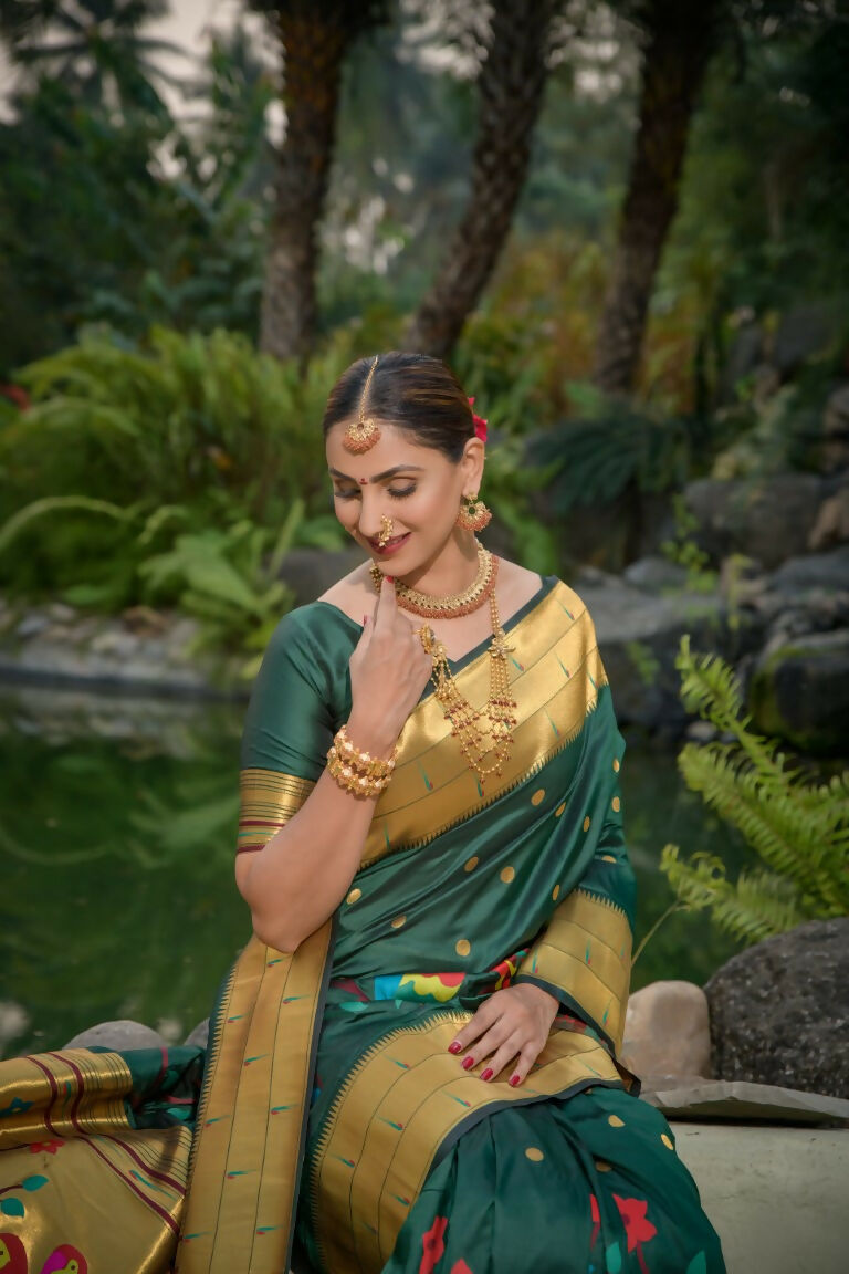 Jyoti Fashion Women's Bottle Green Paithani Silk Zari Woven Saree with Blouse - Distacart