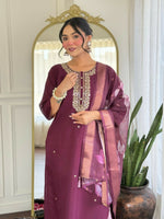 Thumbnail for The52 Wine Women's Gorgeous Rayon Fabric Embroidered Work Straight Kurta Pant and Dupatta Set - Distacart