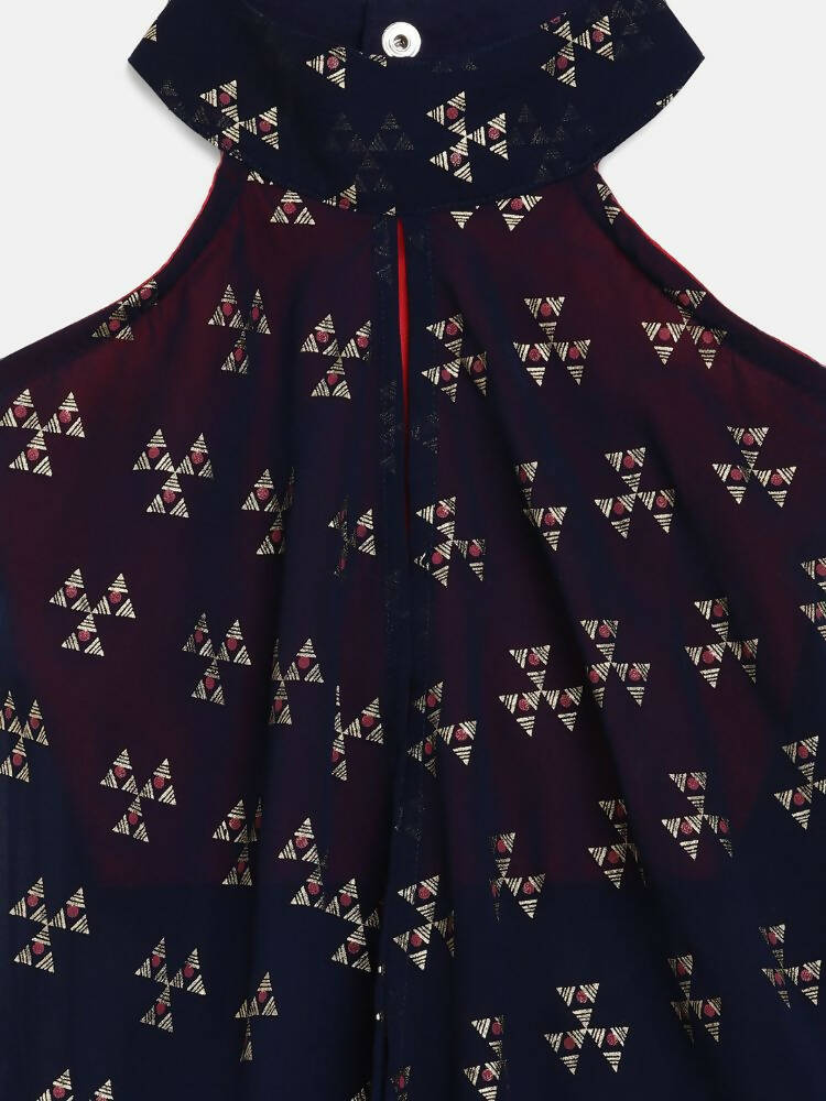 Ahalyaa Navy Printed Chanderi Silk Kids Kurta With Pant For Girls - Distacart