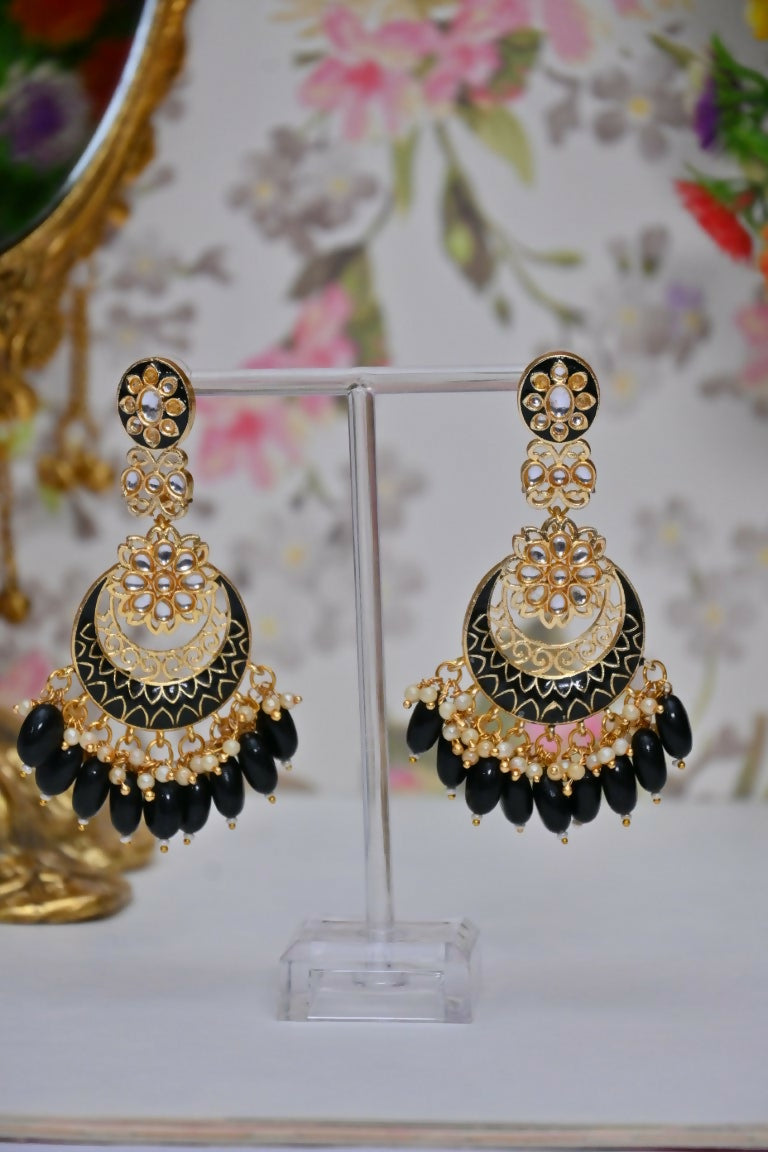 Black Gold-Polished Beautifully Enamelled Stylish Kundan & Pearl Dangle Women Earrings|Meenakari Chandbali Traditional Ethnic Wear Earrings By House of Ree - Distacart