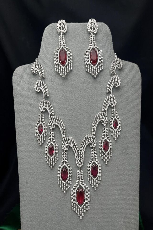 Vastrabhushan Ruby Red Crystal Bridal Necklace Set|Silver Toned Choker Earrings - Dista