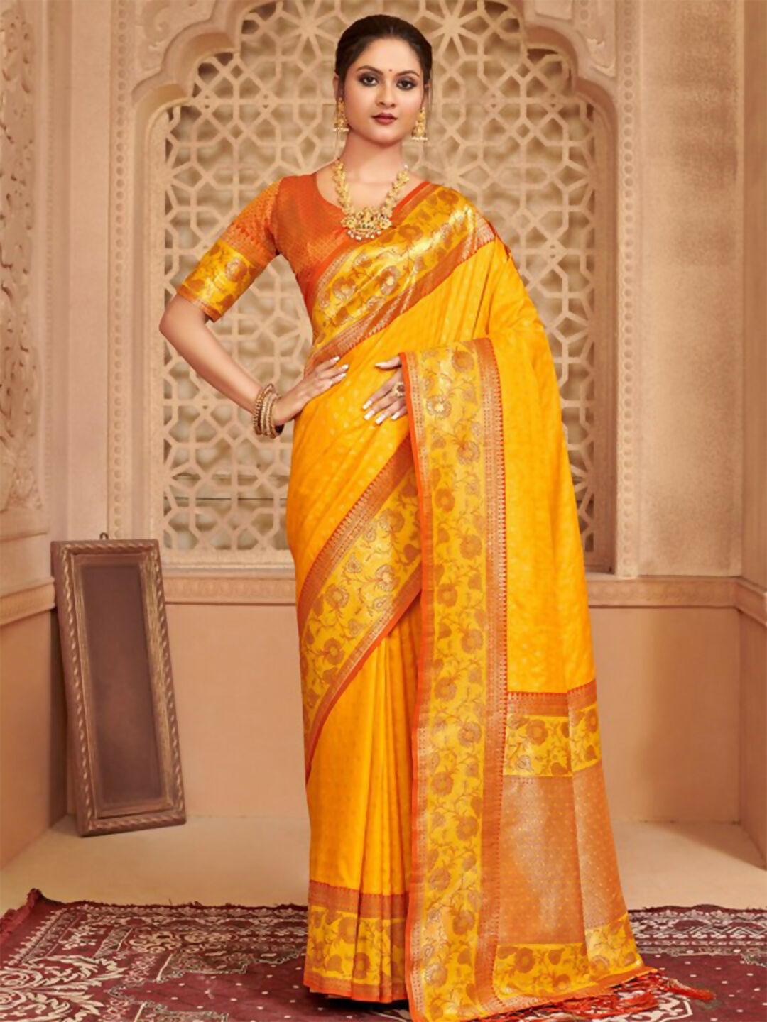 Shree Shyam Fashion Silk Blend Yellow Saree - Distacart