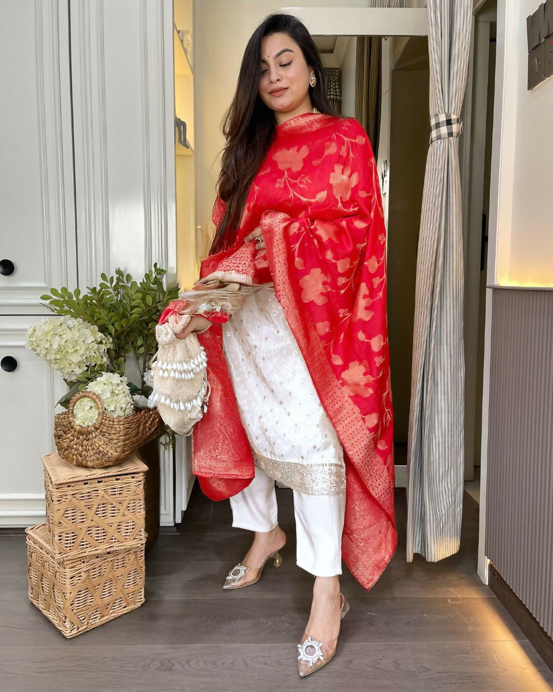 The52 White Women's Beautiful Chanderi Jacquard Fabric Embroidered Work Straight Kurta Pant and Dupatta Set - Distacart