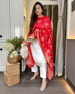 Thumbnail for The52 White Women's Beautiful Chanderi Jacquard Fabric Embroidered Work Straight Kurta Pant and Dupatta Set - Distacart