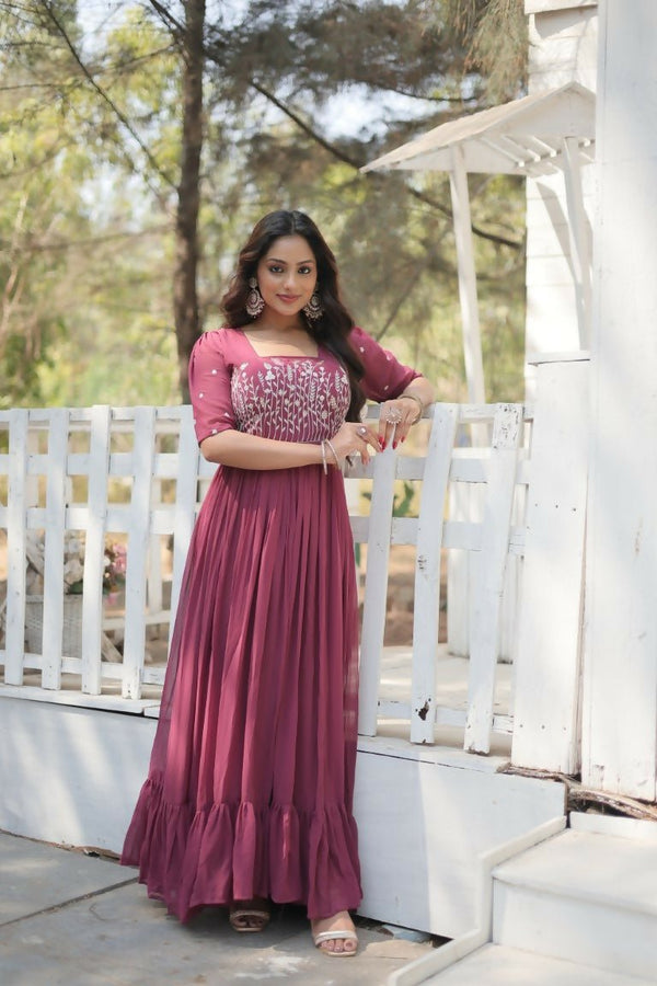 Aastha Fashion Women's Dusty Rose Faux Georgette Sequins Multithreaded Embroidered Gown - Distacart