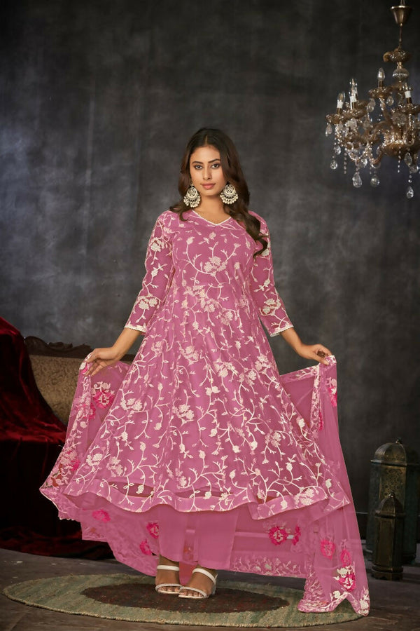 Jyoti Fashion Women's Pink Net Embroidered Anarkali Kurta Pant Set With Dupatta - Distacart