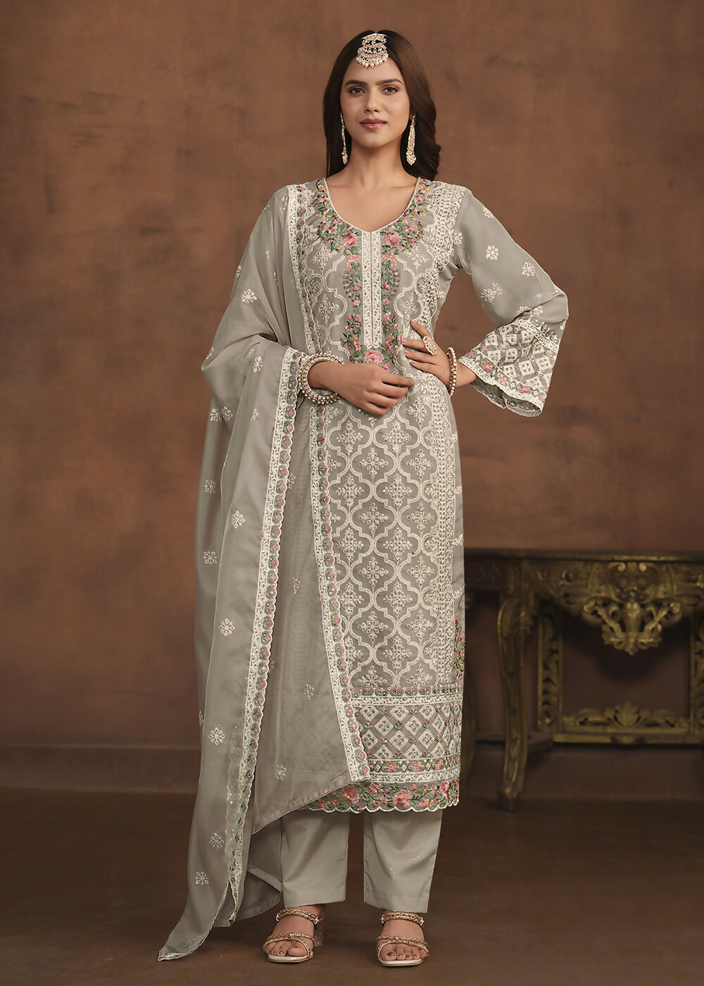 Slate Grey Soft Organza Embroidered Festive Salwar Suit - Emponline - Distacart
