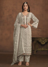Thumbnail for Slate Grey Soft Organza Embroidered Festive Salwar Suit - Emponline - Distacart