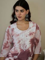Thumbnail for Anouk White & Purple Floral Embroidered Round Neck Straight Kurta - Distacart