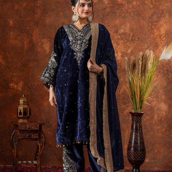 Teeya Creation Blue Color Velvet Silk Embroidery Work Party Wear Suit - Distacart