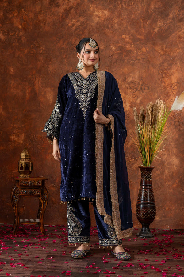 Teeya Creation Blue Color Velvet Silk Embroidery Work Party Wear Suit