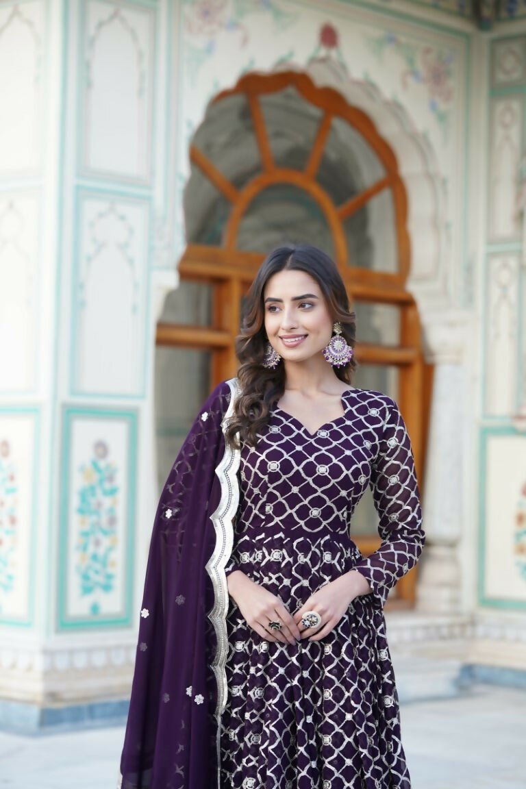 Aastha Fashion Women's Wine Faux Georgette Sequins Embroidered Anarkali Dress with Dupatta - Distacart