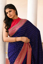 Thumbnail for Joban Fashion Navy Blue Crepe Chiffon Pure Handloom Banarasi Silk Saree
