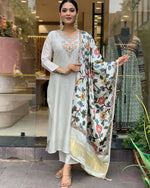 Thumbnail for The52 Off White Women's Gorgeous Embroidered Viscose Chanderi Fabric Straight Kurta Pant with Dupatta Set - Distacart