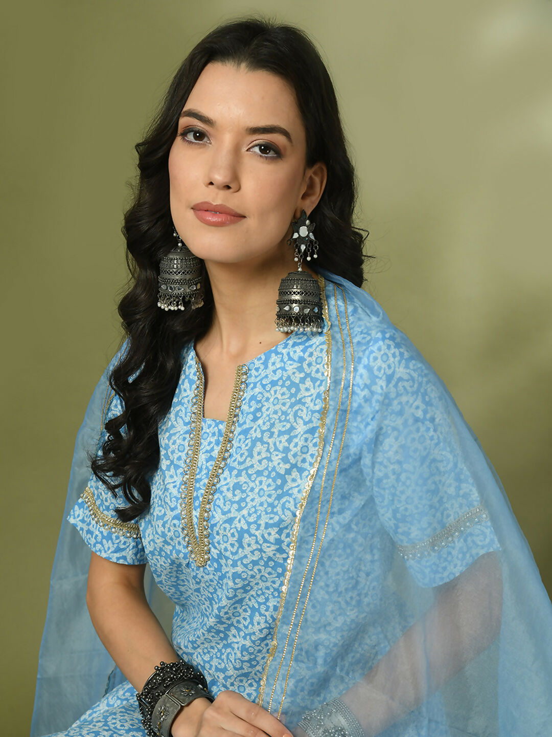 Myshka Women's Blue Printed Cotton Straight Party Kurta Set With Dupatta - Distacart