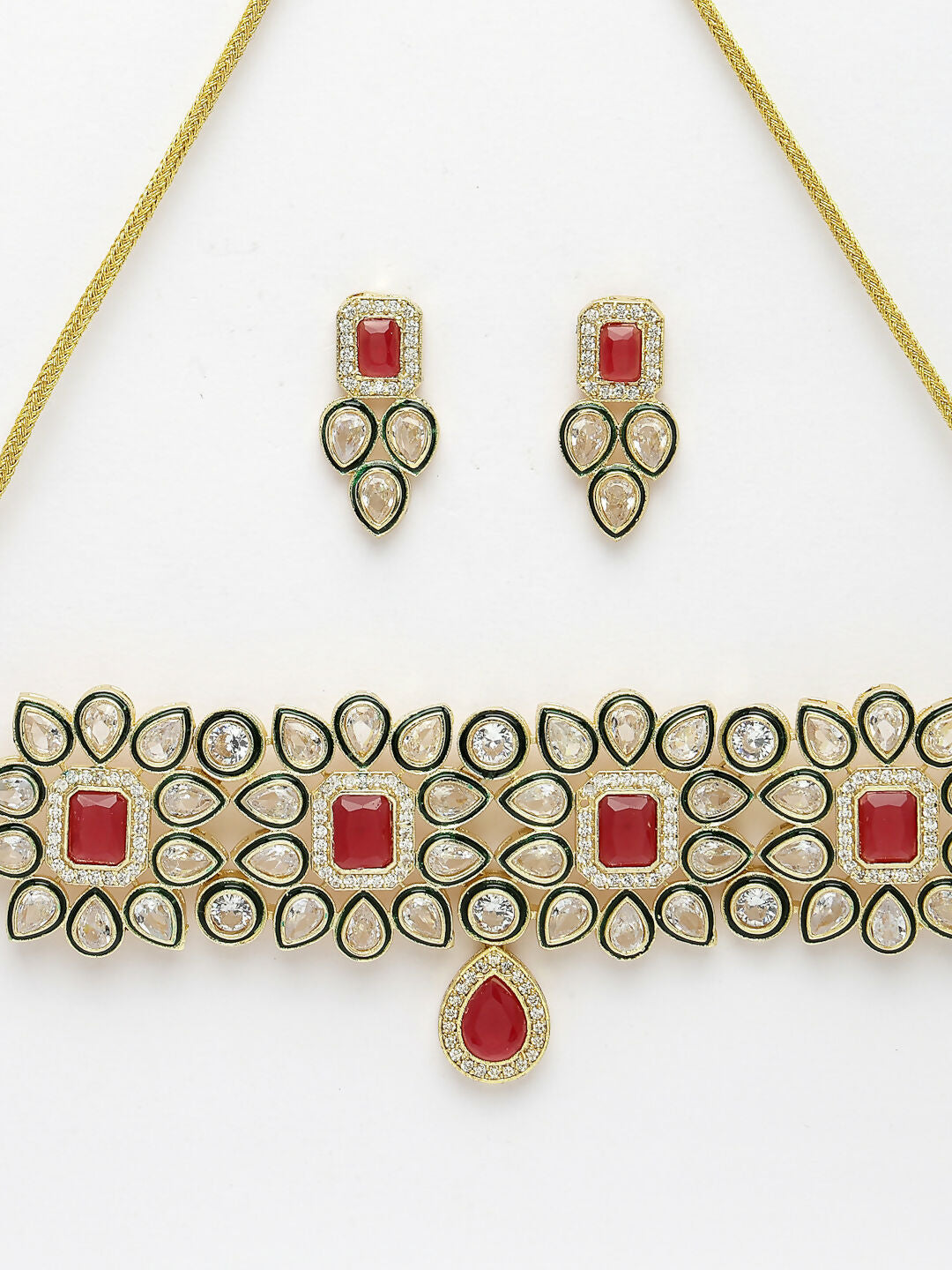 NVR Women's Red & Gold Kundan Studded Handcrafted Choker Jewellery Set - Distacart