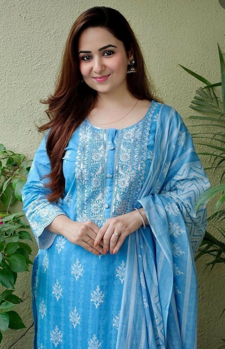 Alvano Women's Printed Straight 3Pcs Kurti with Pant and Dupatta set Cotton (Light Blue) - Distacart