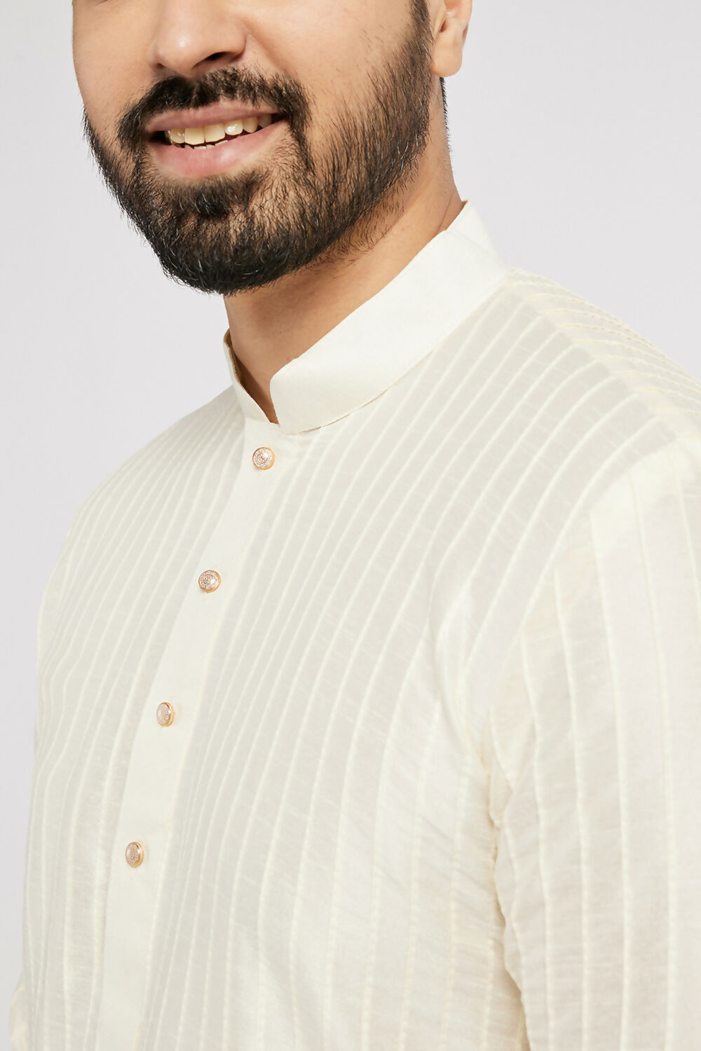 Ethnic India Cream Men's Kurta Striped Polyester - Distacart