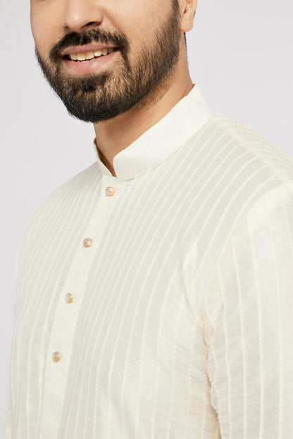 Ethnic India Cream Men's Kurta Striped Polyester - Distacart