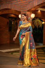 Thumbnail for Jyoti Fashion Women's Teal Paithani Silk Zari Woven Saree with Blouse - Distacart