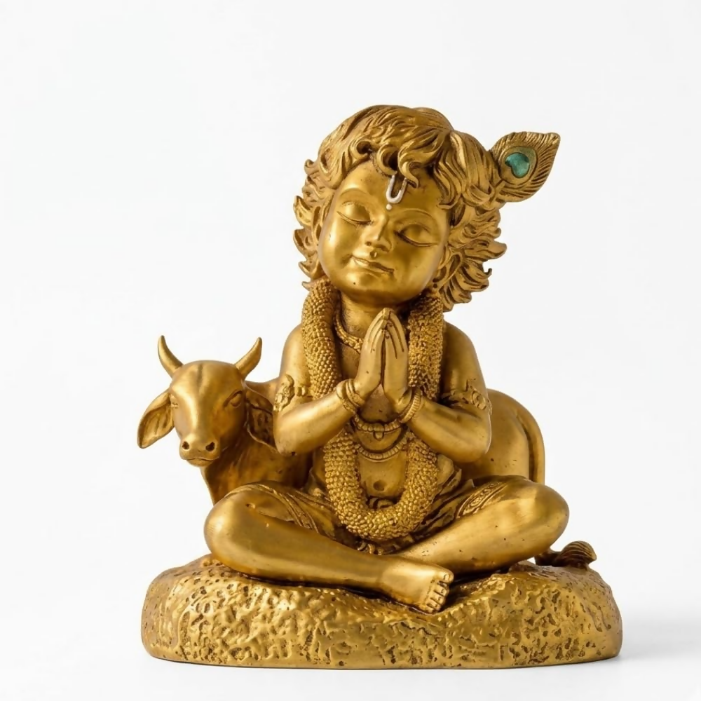 Krishna Laddu Gopal Murti with Cow - Golden Krishna - Dista